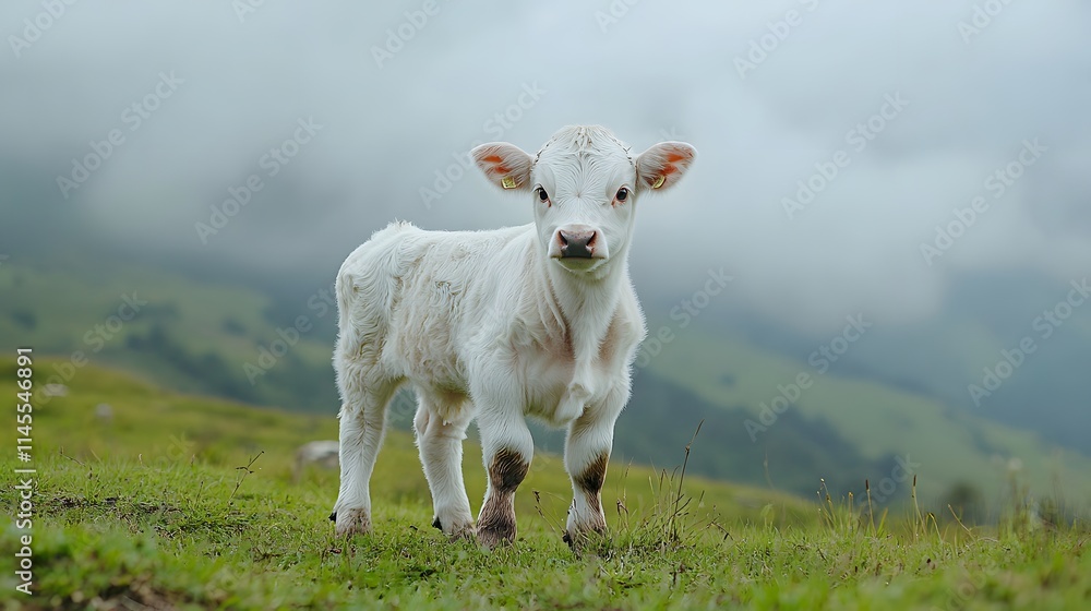 Fototapeta premium White Calf Standing in a Green Pasture