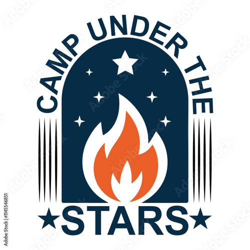 Camp Under the Stars logo with bold campfire flame and night stars. Ideal for outdoor camping, tourism, adventure, nature, hiking, wilderness, and travel themes.