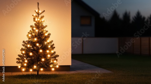 Christmas tree lights adorn modern house at night holiday vibes photo