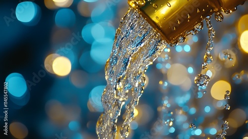 Close Up of Water Flowing from a Golden Faucet with Brass Pipes