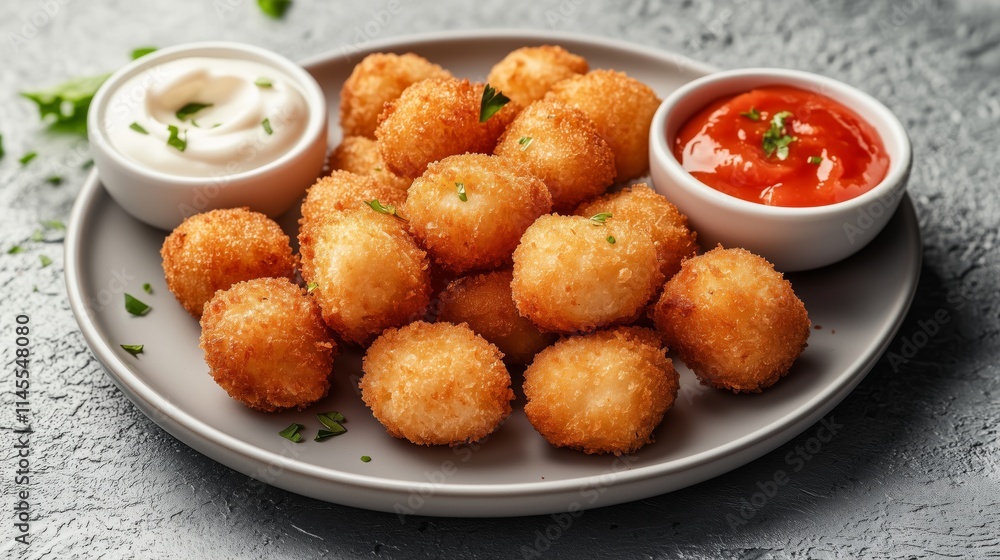 Golden-brown fried croquettes with tomato sauce and mayonnaise are a mouthwatering appetizer. Golden-brown fried croquettes with tomato sauce and mayonnaise are a mouthwatering appetizer.