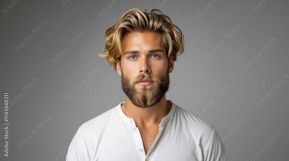 Obraz premium Fashion model with blonde hair and beard. Man with long beard and mustache on serious face. Handsome male model with beard, mustache and trendy hairdo. Beard and mustache haircut. Bearded man.