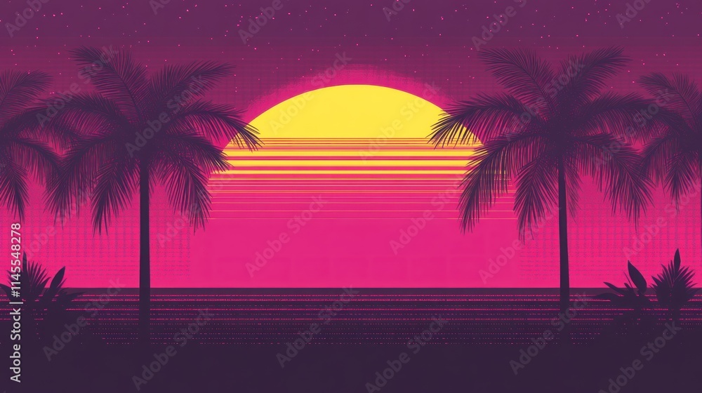 Naklejka premium Retro sunset landscape with palm trees.