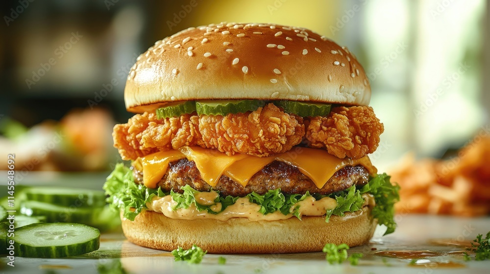 Delicious Crispy Chicken Burger with Cheese and Pickles Delicious Crispy Chicken Burger with Cheese and Pickles