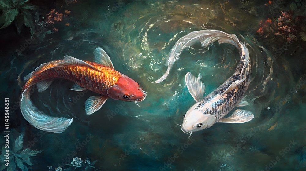 Two Koi Fish Swim Gracefully In A Dark Pond Two Koi Fish Swim Gracefully In A Dark Pond