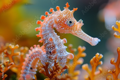 A vibrant seahorse nestled among colorful coral, showcasing the beauty of underwater life and marine biodiversity. photo