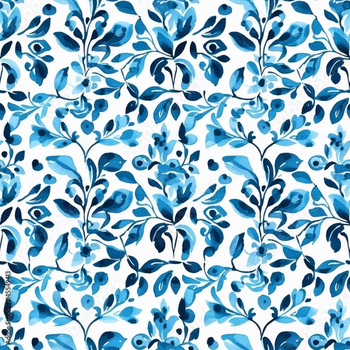 hyper realistic photo of  Watercolor floral motif in blue and white. Seamless hand-painted botanical pattern. , isolated on white background,  , copy space, copy space for text,