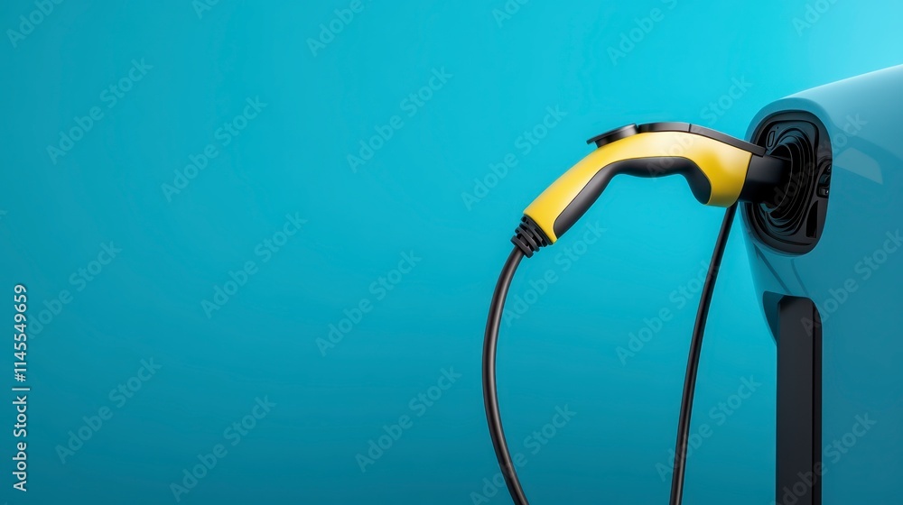 A close-up of a yellow electric vehicle charging connector plugged into a blue car against a turquoise background. A close-up of a yellow electric vehicle charging connector plugged into a blue car against a turquoise background.
