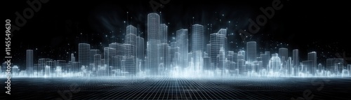 Bright futuristic wireframe city skyline glowing with digital light against a dark starry sky