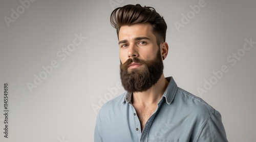 Closeup portrait of bearded man with classic long beard, bearded gay. Handsome male model with beard, mustache and trendy hairdo. Beard and mustache haircut. Bearded man.