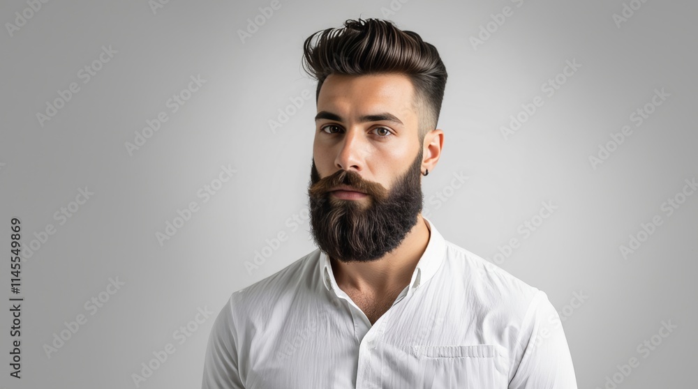 Obraz premium Closeup portrait of bearded man with classic long beard, bearded gay. Handsome male model with beard, mustache and trendy hairdo. Beard and mustache haircut. Bearded man.