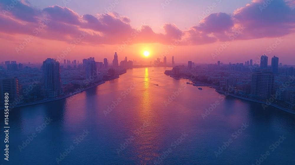 Serene sunset over a city skyline and river. Serene sunset over a city skyline and river.