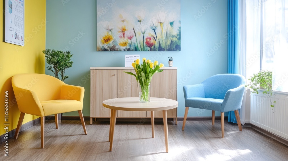 Serene Waiting Room Interior Design: Yellow and Blue Armchairs, Floral Art, and Natural Light Serene Waiting Room Interior Design: Yellow and Blue Armchairs, Floral Art, and Natural Light