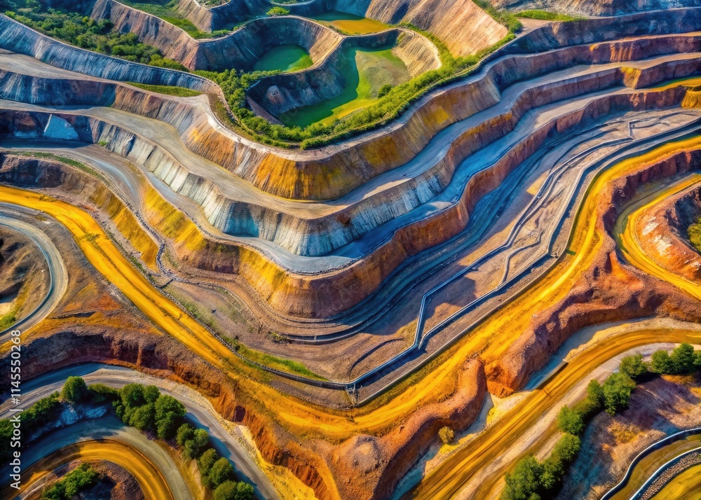 Aerial Symmetrical Open Pit Mine Landscape, Minimalist Drone Photography, Geometric Mining Patterns Aerial Symmetrical Open Pit Mine Landscape, Minimalist Drone Photography, Geometric Mining Patterns