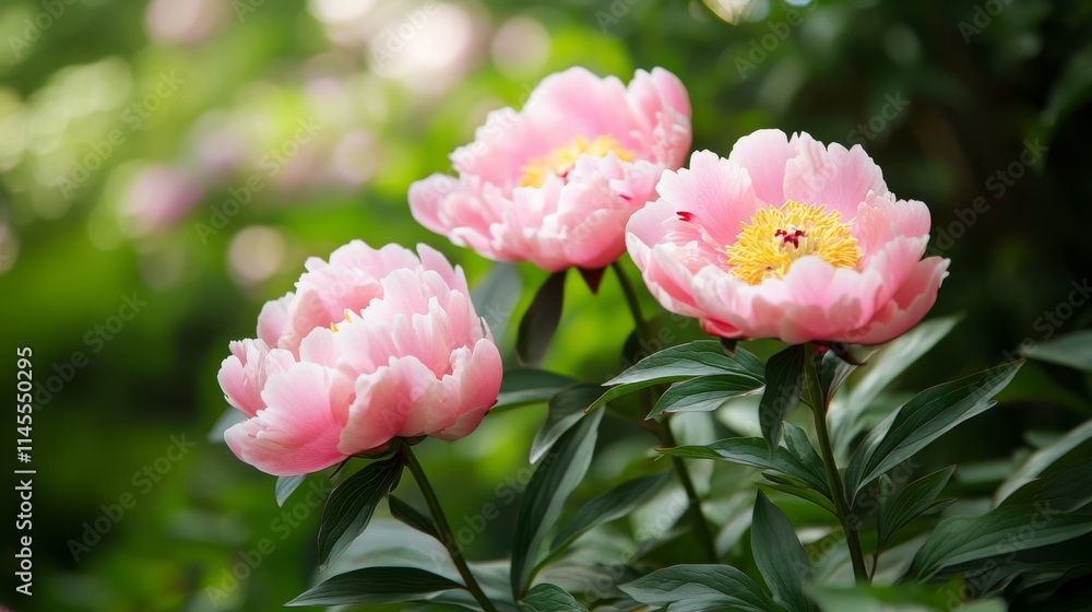 A cluster of pink peony blossoms with green leaves, low-angle shot, Garden serenity style A cluster of pink peony blossoms with green leaves, low-angle shot, Garden serenity style