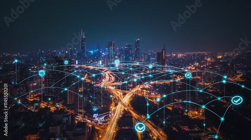 Wallpaper Mural Smart digital city with connection cyber security network reciprocity over the cityscape . future smart wireless digital city and social media networking systems that connects people within the city Torontodigital.ca