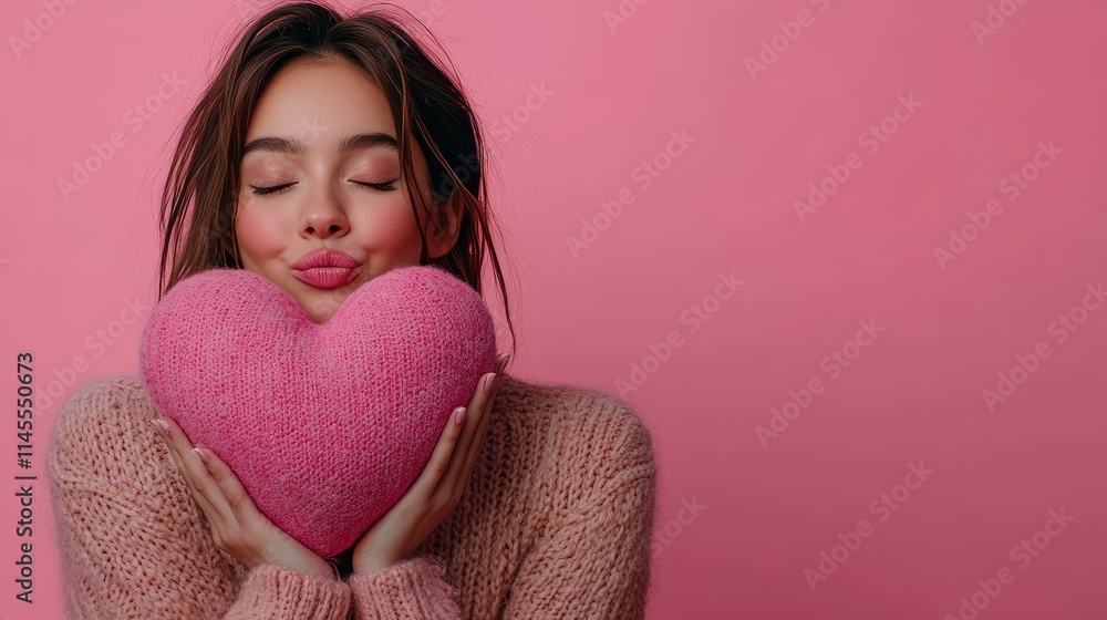 Young Woman With Closed Eyes Blowing A Kiss While Hugging A Large Pink Heart On A Pink Background Young Woman With Closed Eyes Blowing A Kiss While Hugging A Large Pink Heart On A Pink Background