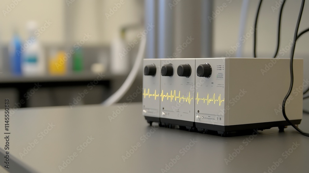 A compact medical device with multiple dials displays a waveform, likely used for monitoring vital signs in a healthcare setting. A compact medical device with multiple dials displays a waveform, likely used for monitoring vital signs in a healthcare setting.