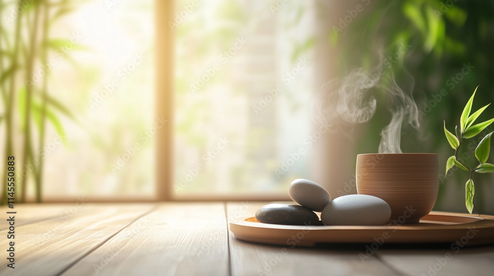 Steaming cup of tea with smooth stones and bamboo on a wooden surface in soft sunlight Steaming cup of tea with smooth stones and bamboo on a wooden surface in soft sunlight