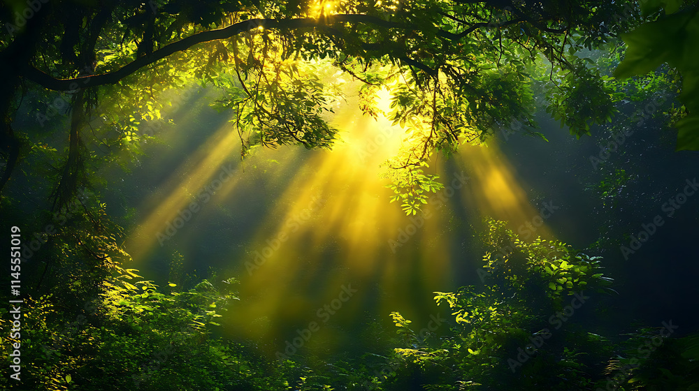 Fototapeta premium Sunlight Filtering Through Canopy: A majestic forest scene with sunbeams piercing through lush foliage, creating a breathtaking spectacle of light and shadow.
