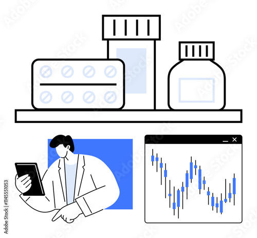 Healthcare worker holding tablet, various medications on shelf, fluctuating line graph on screen. Ideal for medical analysis, pharmaceuticals, healthcare technology, data research, treatment