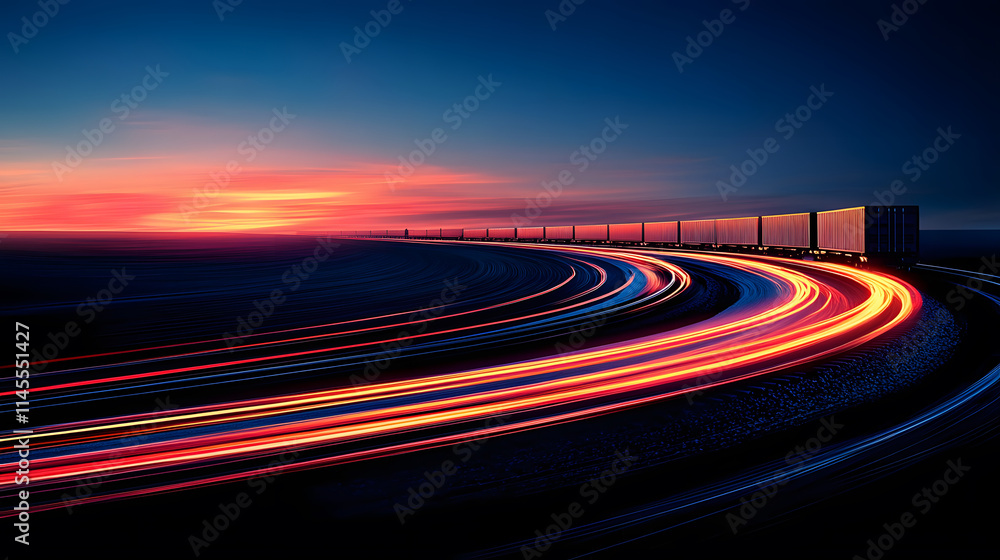 A vibrant sunset over a winding road, illuminated by the trails of moving vehicles, showcasing the beauty of dusk and motion A vibrant sunset over a winding road, illuminated by the trails of moving vehicles, showcasing the beauty of dusk and motion