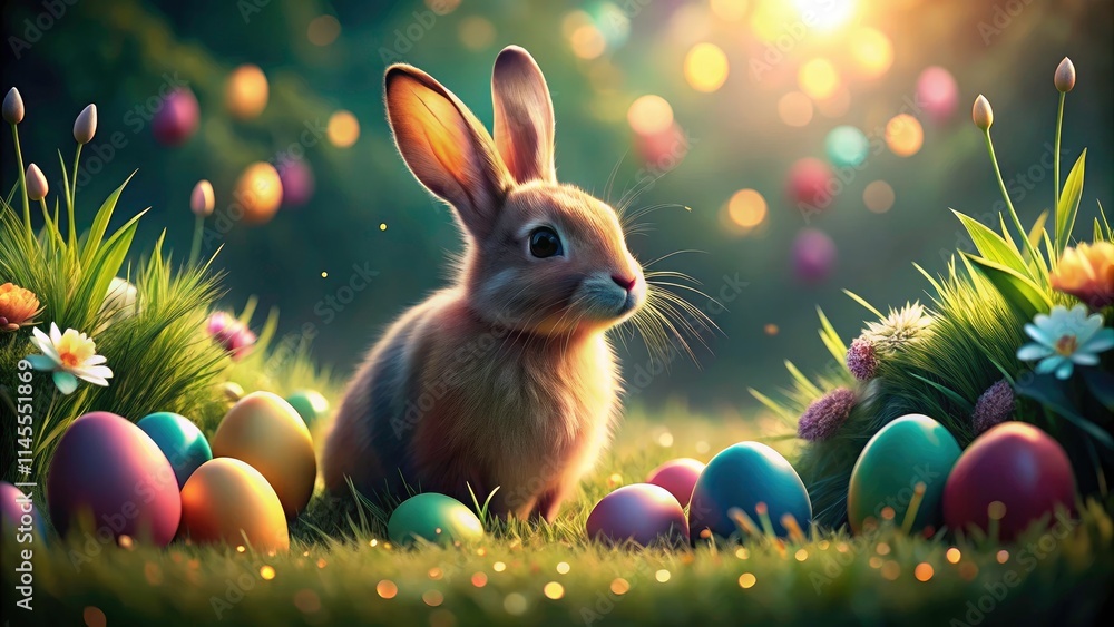 Fototapeta premium A whimsical Easter bunny amidst vibrant eggs, nestled in surreal spring grass, a magical artistic fantasy.