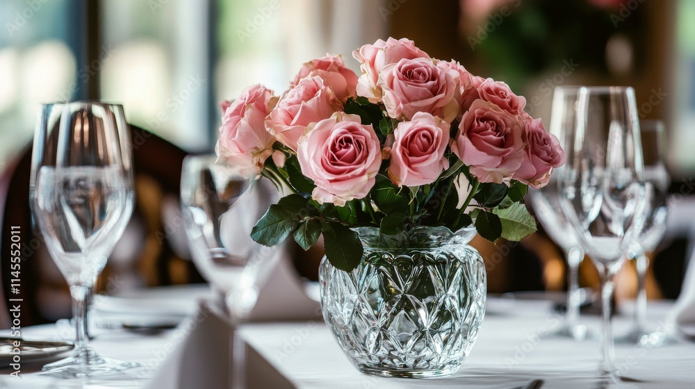 A cluster of pink roses in a crystal vase on an elegant dining table, medium shot, Formal style A cluster of pink roses in a crystal vase on an elegant dining table, medium shot, Formal style