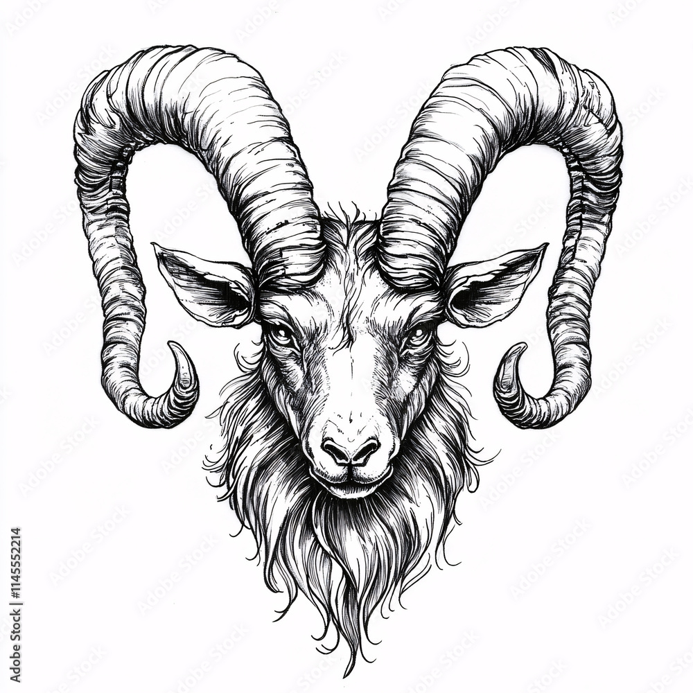 A striking black and white ink drawing of a ram's head, A striking black and white ink drawing of a ram's head,