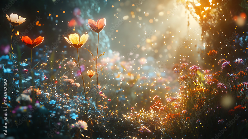 Enchanted Meadow: A whimsical dreamscape of vibrant wildflowers bathed in golden sunlight, sparkling with magical dust, and teeming with life. Enchanted Meadow: A whimsical dreamscape of vibrant wildflowers bathed in golden sunlight, sparkling with magical dust, and teeming with life.