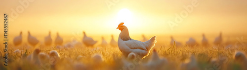 A serene sunrise scene featuring free-range chickens foraging in a golden field, highlighting nature's beauty and peaceful coexistence. photo