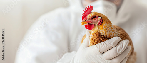 A veterinarian in protective gear carefully holds a chicken, showcasing the importance of poultry care and health.