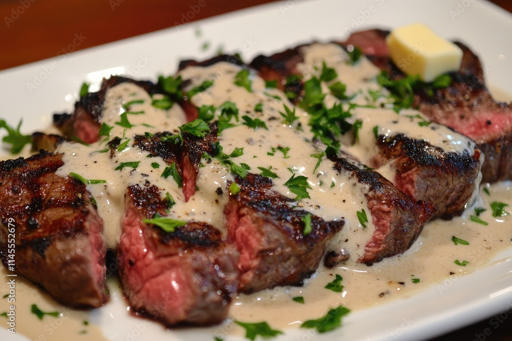 Grilled Steak Slices Topped With Creamy Sauce And Parsley Grilled Steak Slices Topped With Creamy Sauce And Parsley