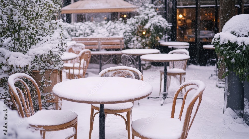 Obraz premium A snowy outdoor cafe scene with tables and chairs covered in a soft blanket of snow