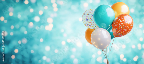 Colorful balloons with confetti against sparkling blue background