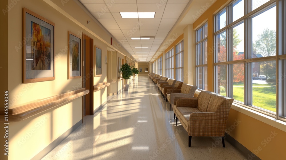 Serene Hospital Corridor: Sunlight Streaming Through Large Windows, Illuminating a Calm and Peaceful Atmosphere Serene Hospital Corridor: Sunlight Streaming Through Large Windows, Illuminating a Calm and Peaceful Atmosphere