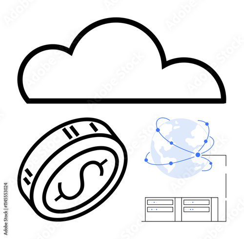 Cloud outlined above coin with dollar symbol, globe with network points, and data servers. Ideal for finance, technology services, cloud storage, global communications, digital transactions, online