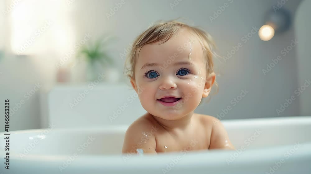 Close up portrait of cute baby trying after wash in bathroom. Healthy hygiene care. Close up portrait of cute baby trying after wash in bathroom. Healthy hygiene care.