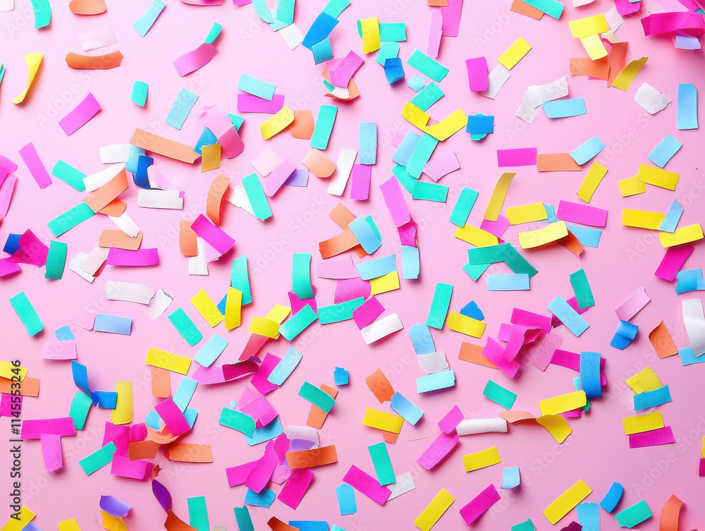 Colorful confetti scattered on pink background, creating festive vibe Colorful confetti scattered on pink background, creating festive vibe