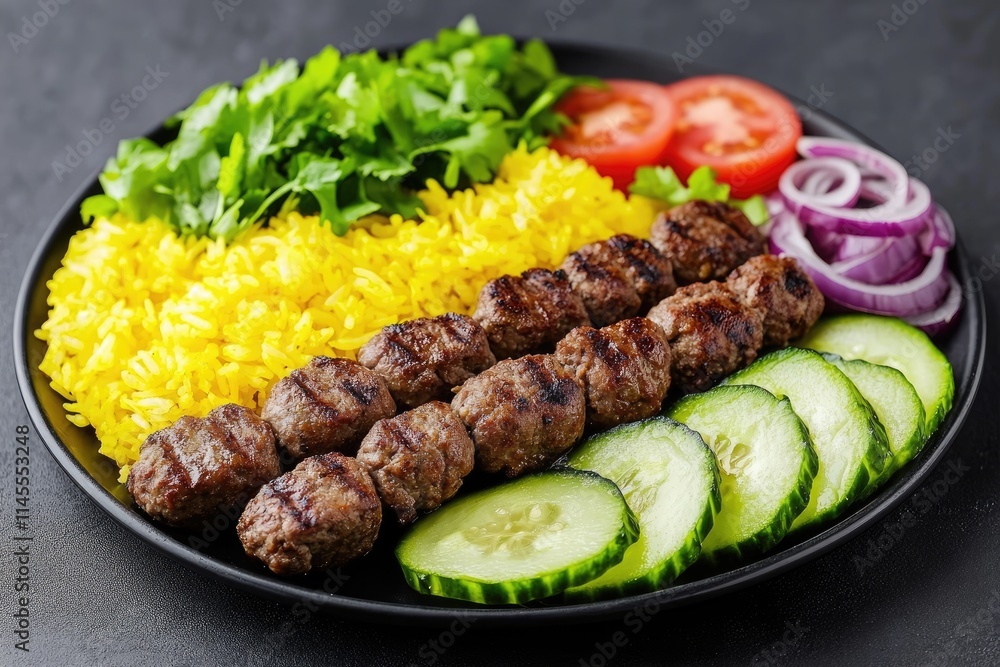 Grilled Meatballs Served with Rice and Vegetables Grilled Meatballs Served with Rice and Vegetables