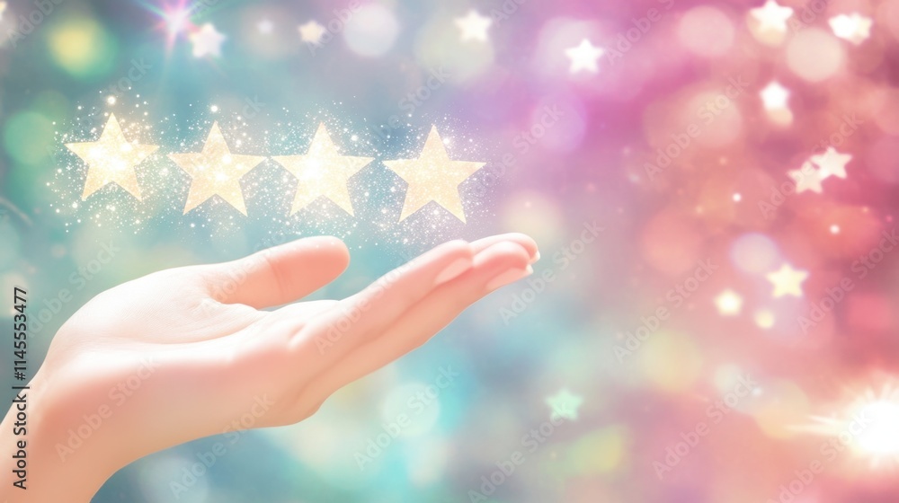 Customer Satisfaction Concept - Female Hand Giving Five-Star Review on Pastel Background Customer Satisfaction Concept - Female Hand Giving Five-Star Review on Pastel Background
