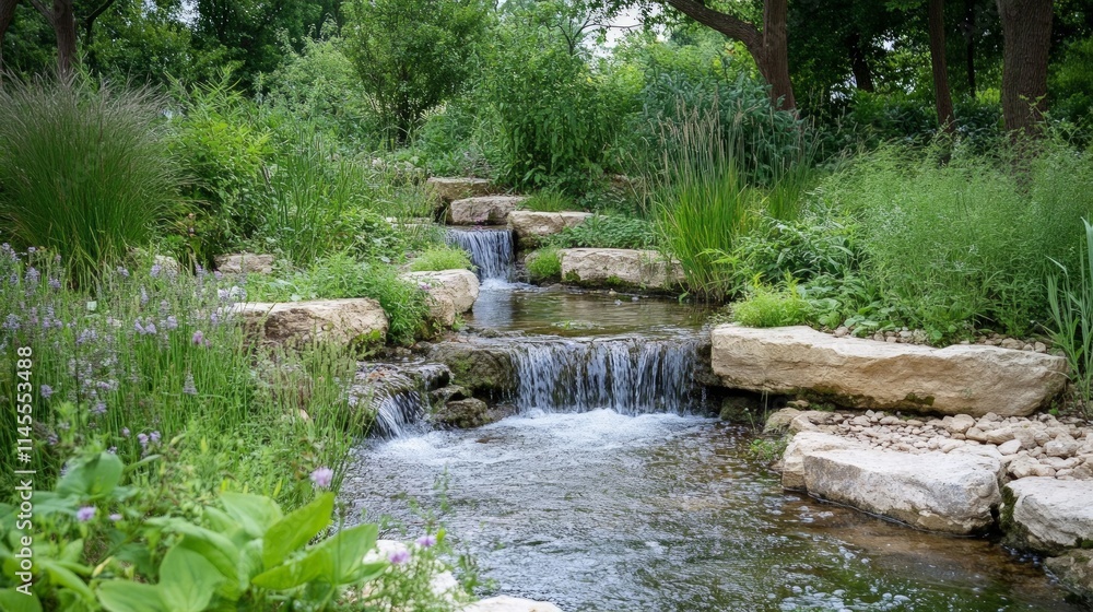 Naklejka premium Gentle Winding Stream Flowing Through Lush Green Forest Landscape