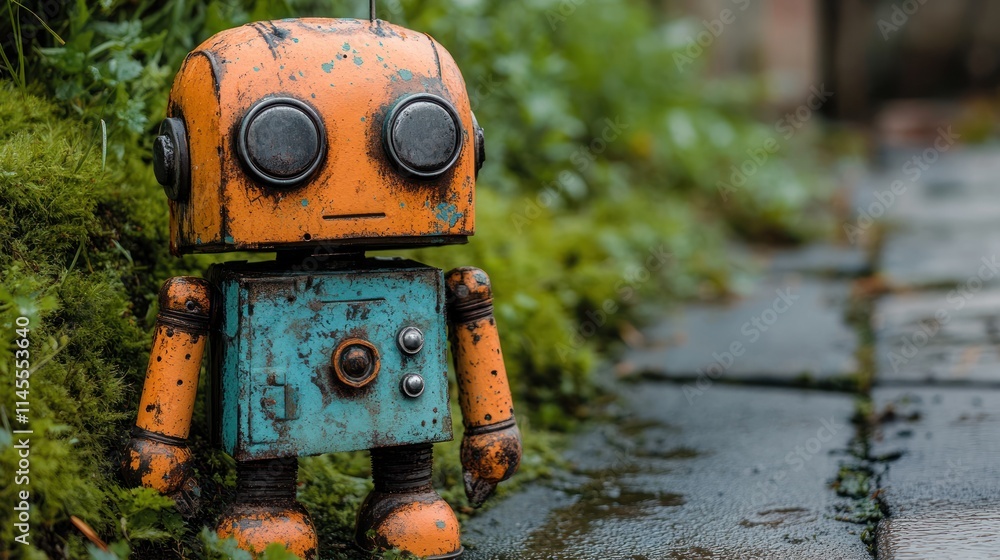 Fototapeta premium Vintage robot toy in a lush outdoor setting.