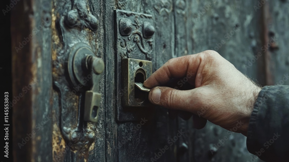 Unlocking the Past: A Weathered Door and a Hand Unlocking the Past: A Weathered Door and a Hand