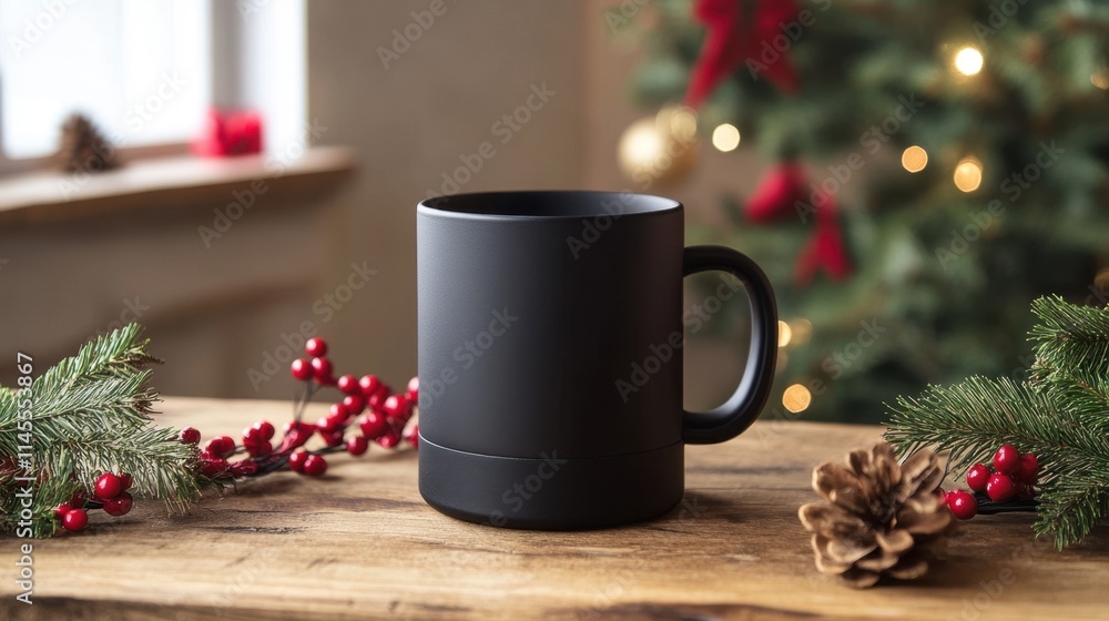 Cozy Christmas Coffee Mug on Wooden Table for Festive Branding Visuals Cozy Christmas Coffee Mug on Wooden Table for Festive Branding Visuals