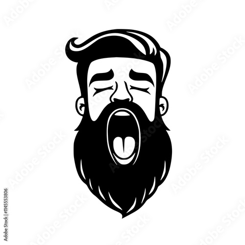 Bearded Man Yawning Line Art Illustration, Minimalist black and white line art of a bearded man yawning, featuring bold lines and expressive details on a white background.

