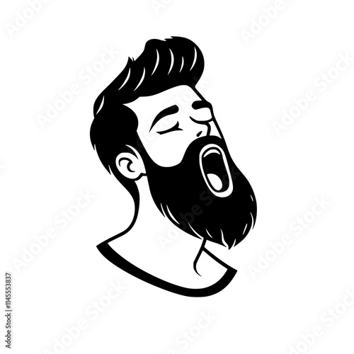 Bearded Man Yawning Line Art Illustration, Minimalist black and white line art of a bearded man yawning, featuring bold lines and expressive details on a white background.

