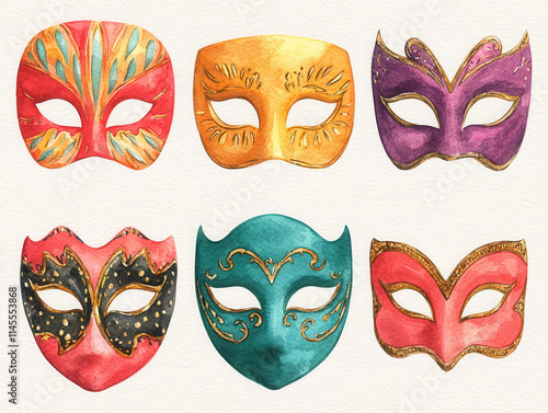 Colorful watercolor Venetian masks with intricate designs photo