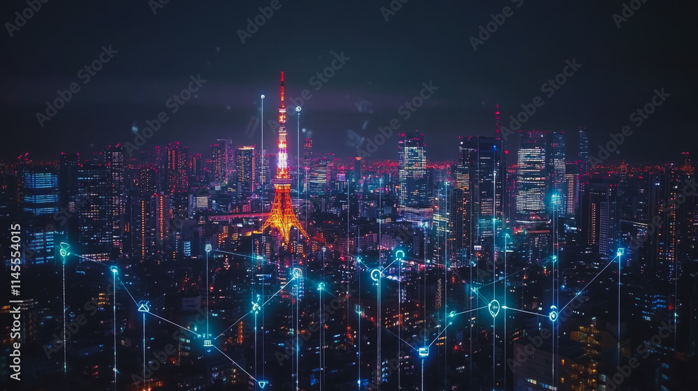 Obraz premium Smart digital city with connection cyber security network reciprocity over the cityscape . future smart wireless digital city and social media networking systems that connects people within the city
