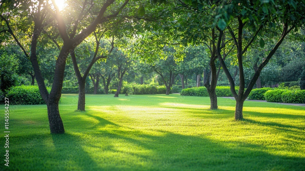 Obraz premium Serene Morning Glow: Blurred Garden Trees in Refreshing Greens for Nature Backgrounds